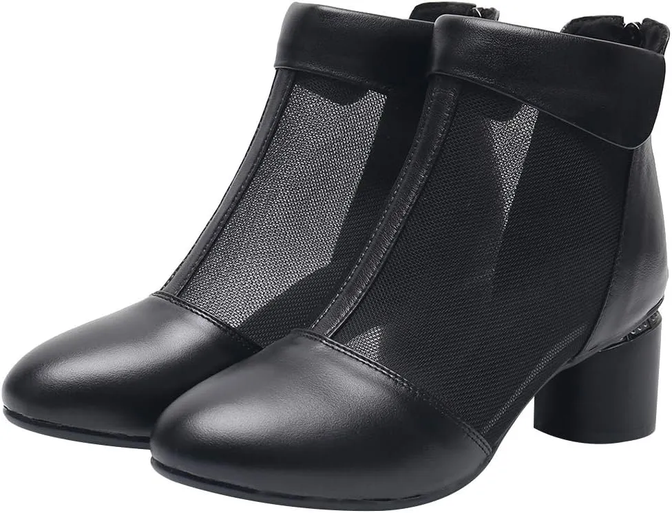 ANUFER Women's Elegant Block Heel Ankle Boots Breathable Mesh Hollowed-out Summer Booties Pumps