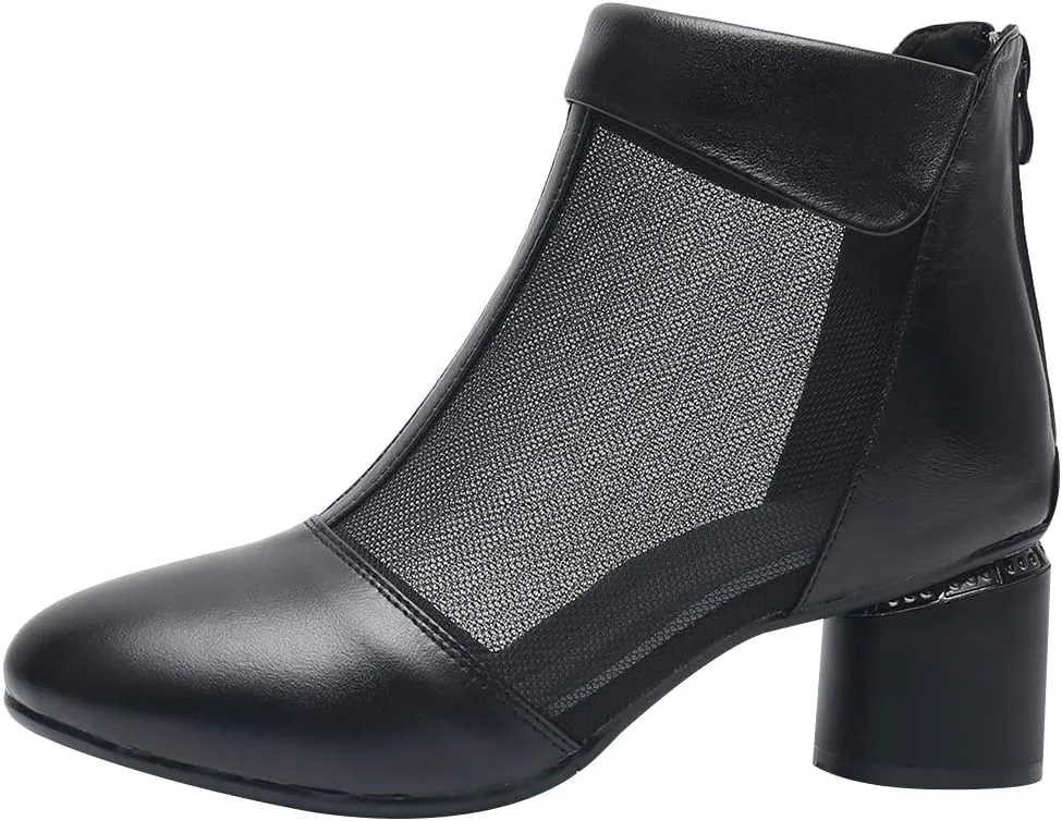 ANUFER Women's Elegant Block Heel Ankle Boots Breathable Mesh Hollowed-out Summer Booties Pumps