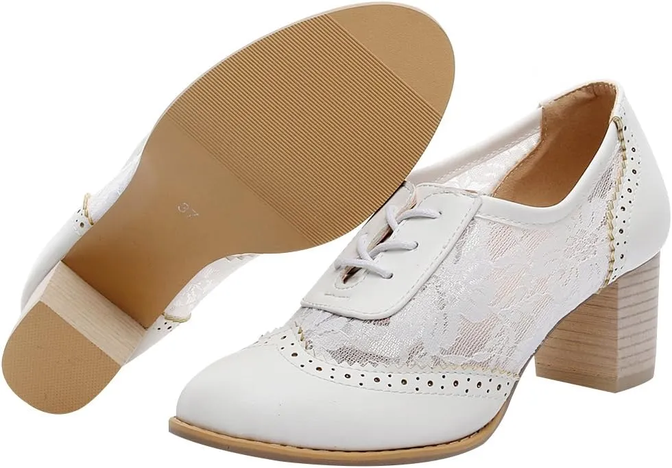 ANUFER Womens Elegant Lace Bridal Wedding Shoes Block Heel Oxfords Dress Shoes