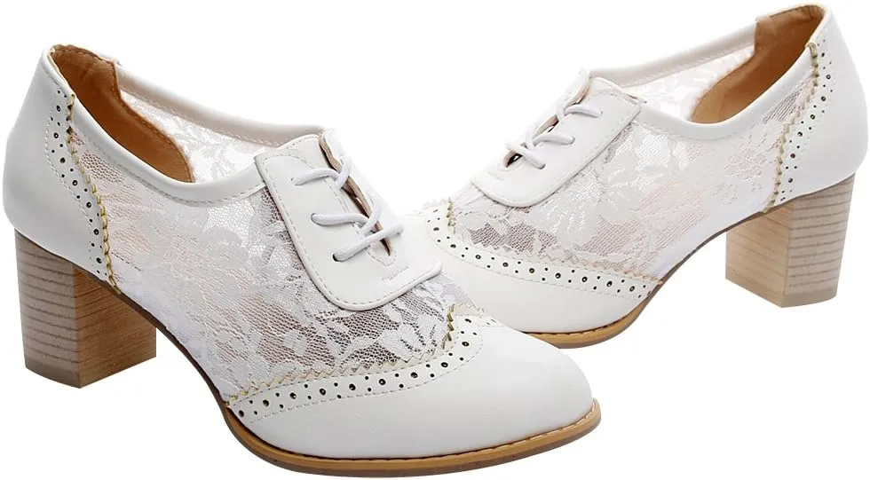 ANUFER Womens Elegant Lace Bridal Wedding Shoes Block Heel Oxfords Dress Shoes