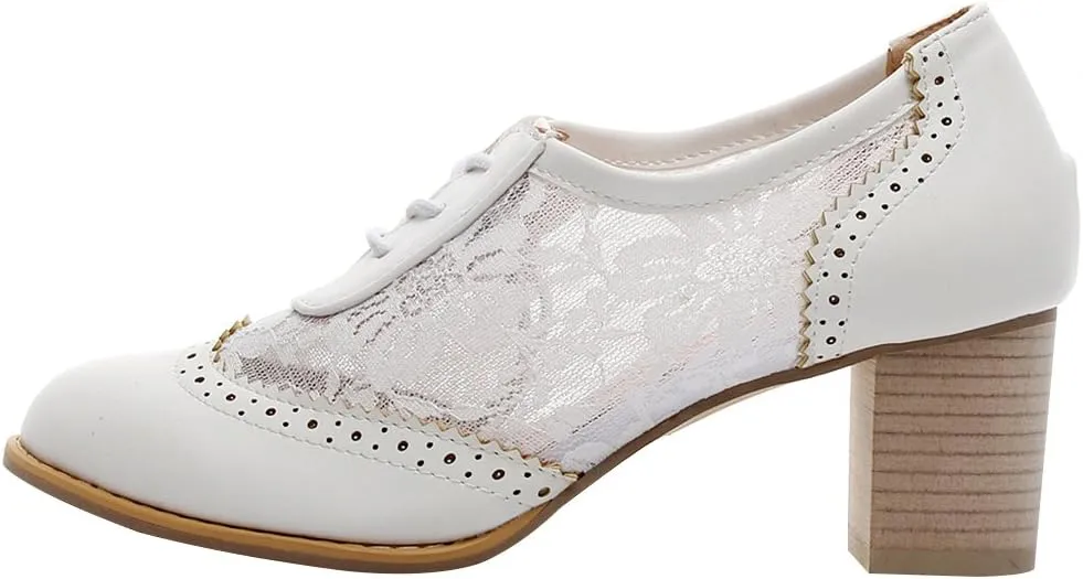 ANUFER Womens Elegant Lace Bridal Wedding Shoes Block Heel Oxfords Dress Shoes