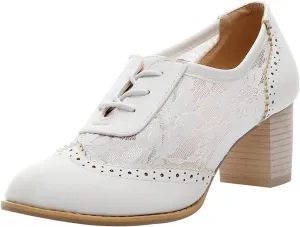 ANUFER Womens Elegant Lace Bridal Wedding Shoes Block Heel Oxfords Dress Shoes