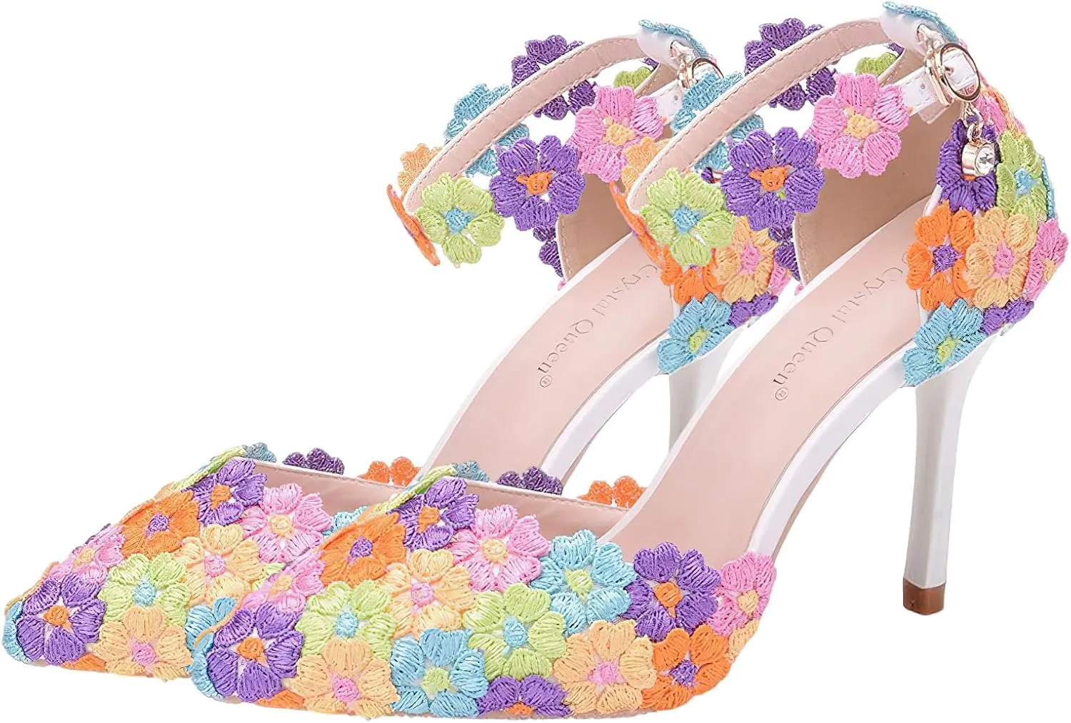 ANUFER Women's Elegant Pointed Toe Stiletto Heel Ankle Strap Pumps Floral Lace Pearls Bridal Shoes