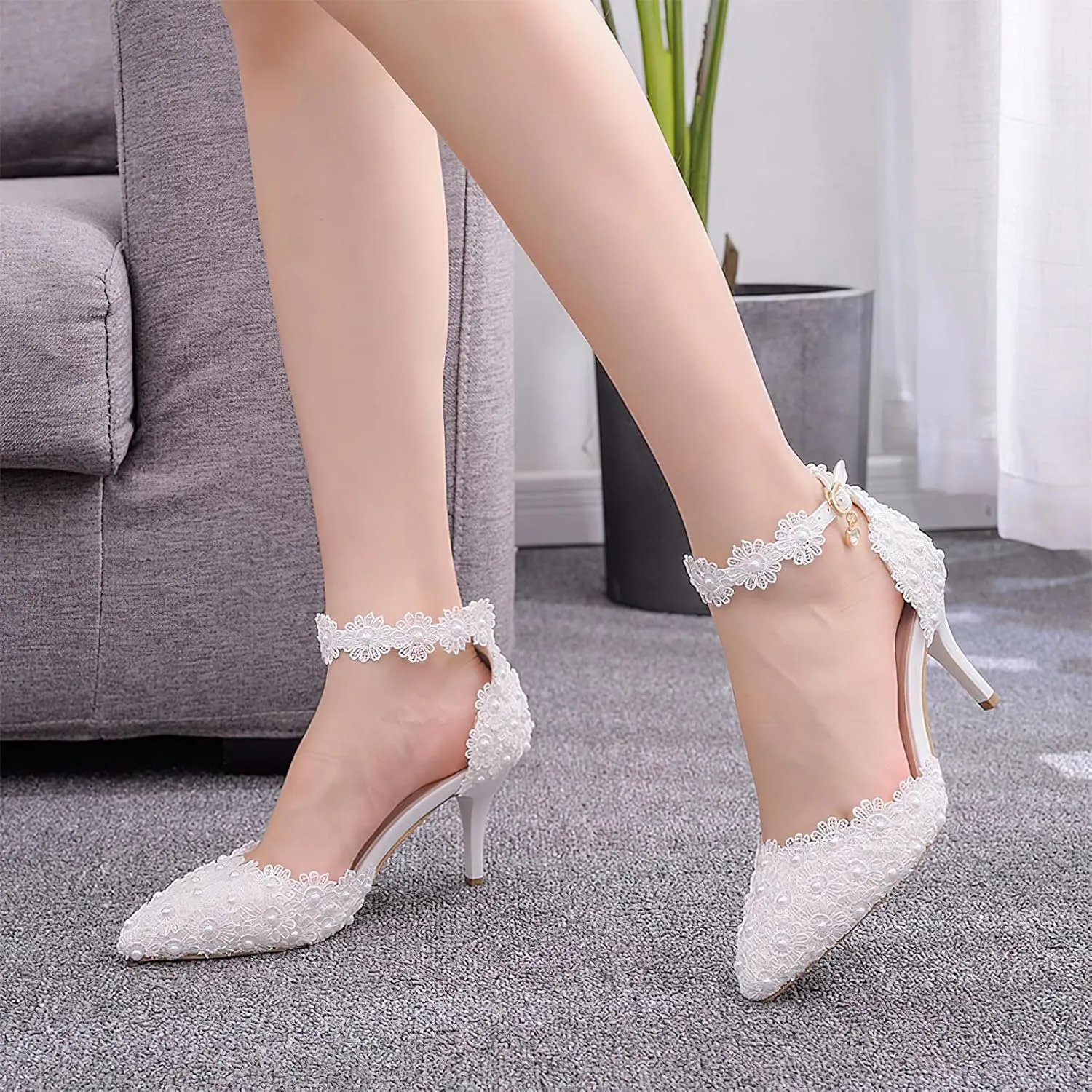 ANUFER Women's Elegant Pointed Toe Stiletto Heel Ankle Strap Pumps Floral Lace Pearls Bridal Shoes