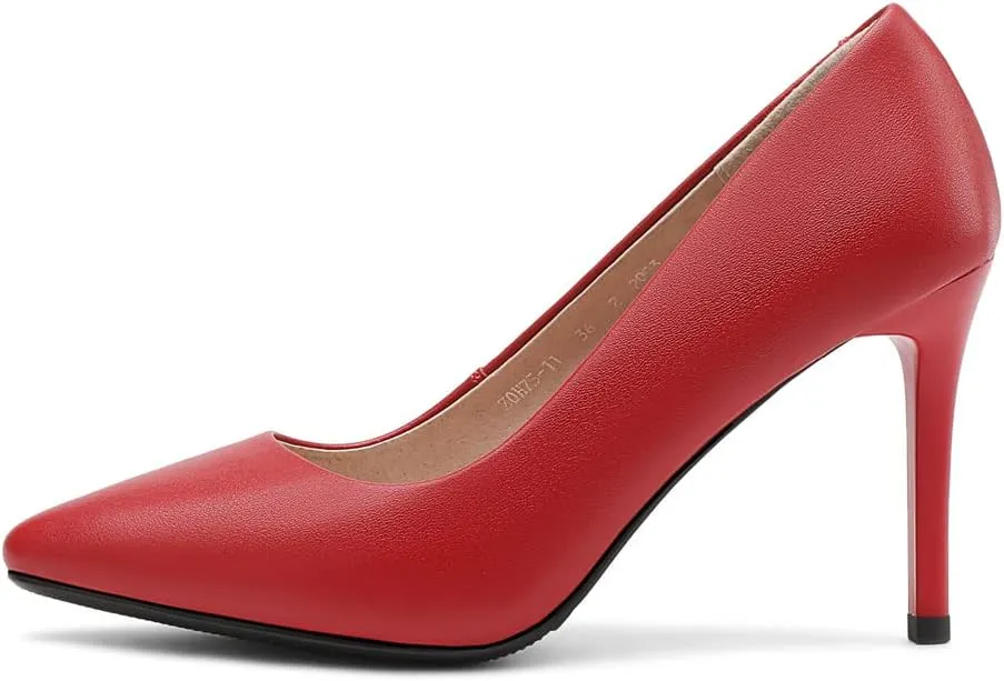 ANUFER Women's Full Genuine Leather 5CM/7CM/9CM High Heels Elegant Pointed Toe Pumps Office Work Shoes