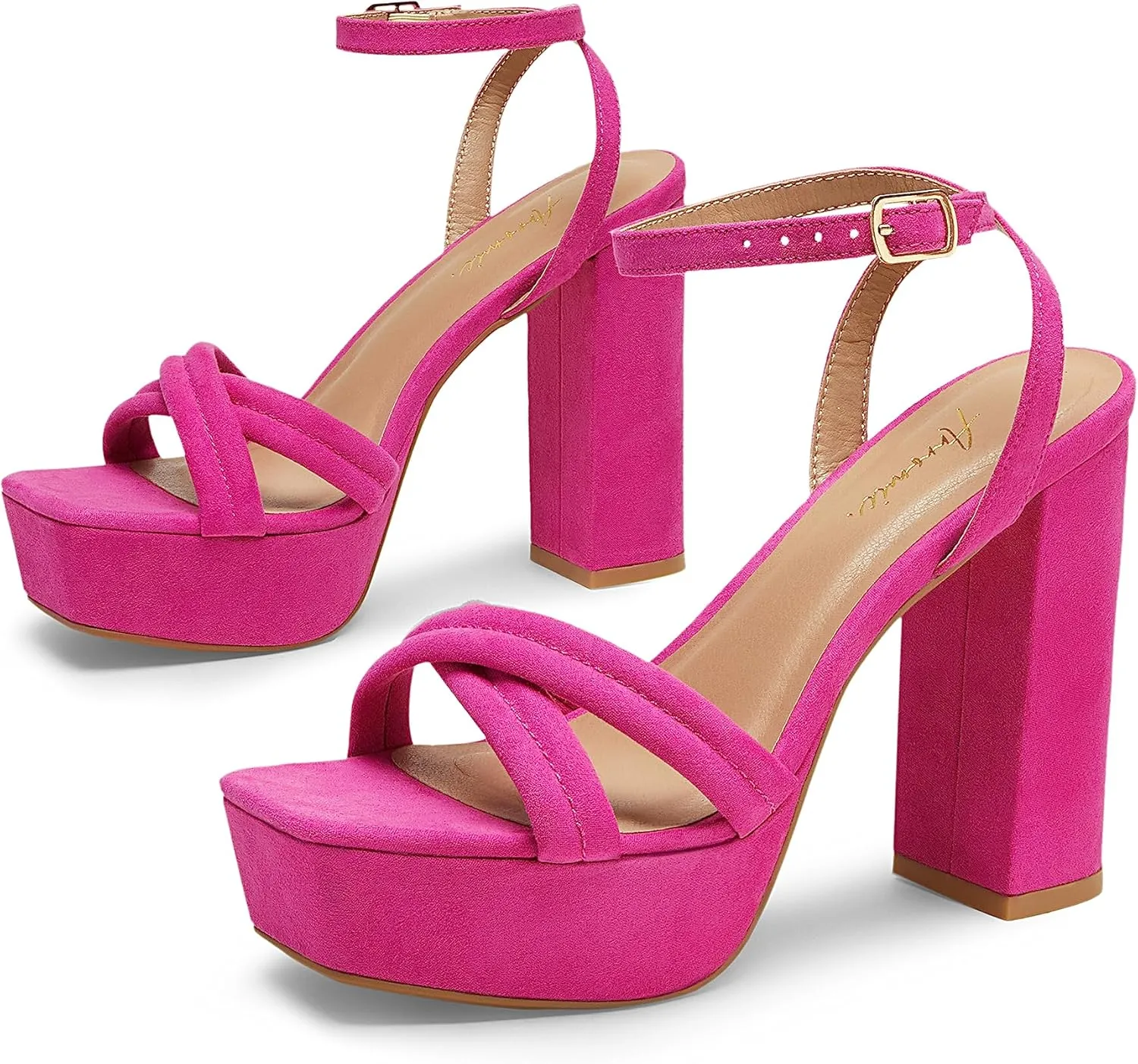 Arromic Women's Platform Heels High Chunky Sandals 4.5 Inches Square Open Toe Heeled Sandals Pink Gold White Black Nude Strappy Ankle Strap Sexy Pumps Y2K Dress Party Wedding Shoes
