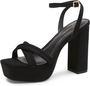 Arromic Women's Platform Heels High Chunky Sandals 4.5 Inches Square Open Toe Heeled Sandals Pink Gold White Black Nude Strappy Ankle Strap Sexy Pumps Y2K Dress Party Wedding Shoes