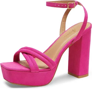 Arromic Women's Platform Heels High Chunky Sandals 4.5 Inches Square Open Toe Heeled Sandals Pink Gold White Black Nude Strappy Ankle Strap Sexy Pumps Y2K Dress Party Wedding Shoes