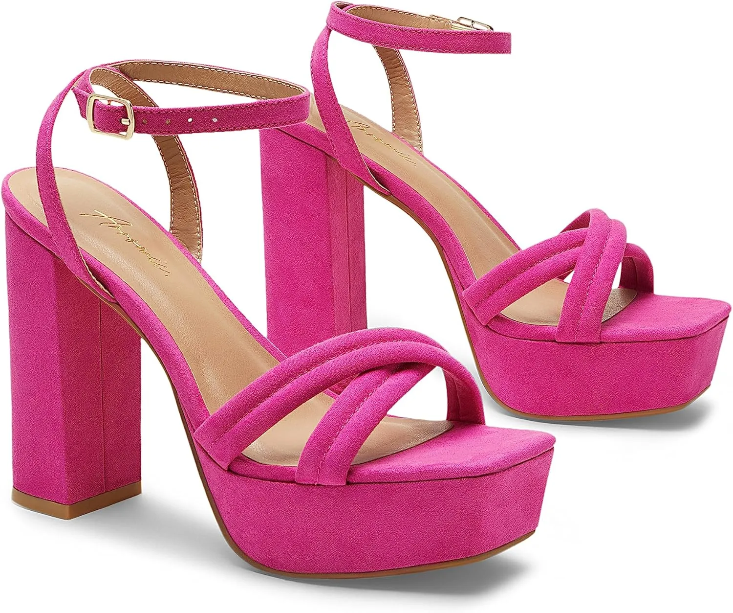 Arromic Women's Platform Heels High Chunky Sandals 4.5 Inches Square Open Toe Heeled Sandals Pink Gold White Black Nude Strappy Ankle Strap Sexy Pumps Y2K Dress Party Wedding Shoes