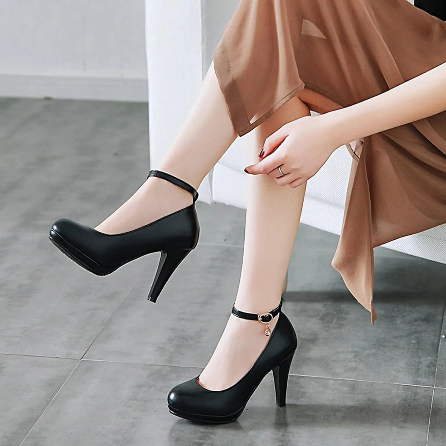 Asterisco Women Cone Heel Pumps with Platform Ankle Strap High Heel Shoes Round Toe Buckle Elegant Bridal Shoes, Size 1-12