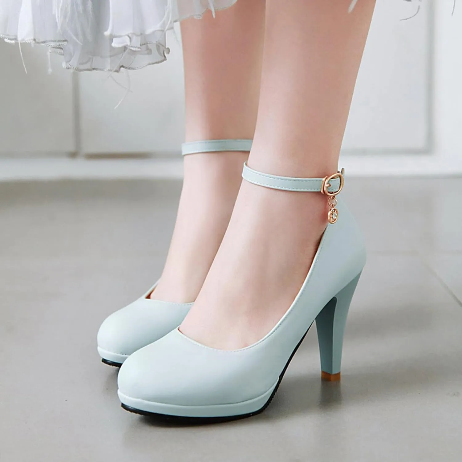 Asterisco Women Cone Heel Pumps with Platform Ankle Strap High Heel Shoes Round Toe Buckle Elegant Bridal Shoes, Size 1-12