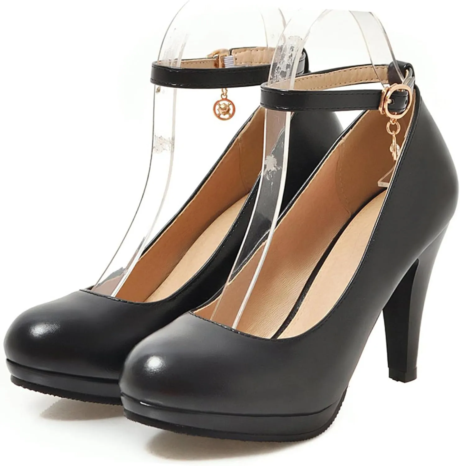 Asterisco Women Cone Heel Pumps with Platform Ankle Strap High Heel Shoes Round Toe Buckle Elegant Bridal Shoes, Size 1-12
