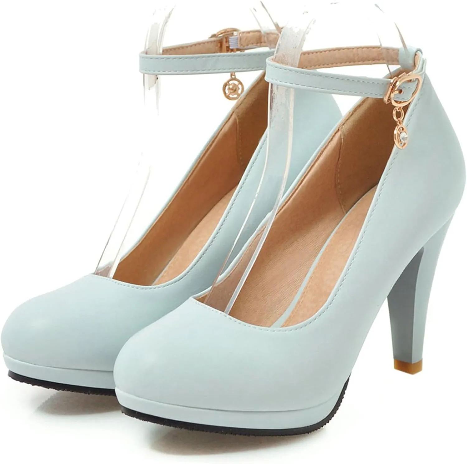Asterisco Women Cone Heel Pumps with Platform Ankle Strap High Heel Shoes Round Toe Buckle Elegant Bridal Shoes, Size 1-12