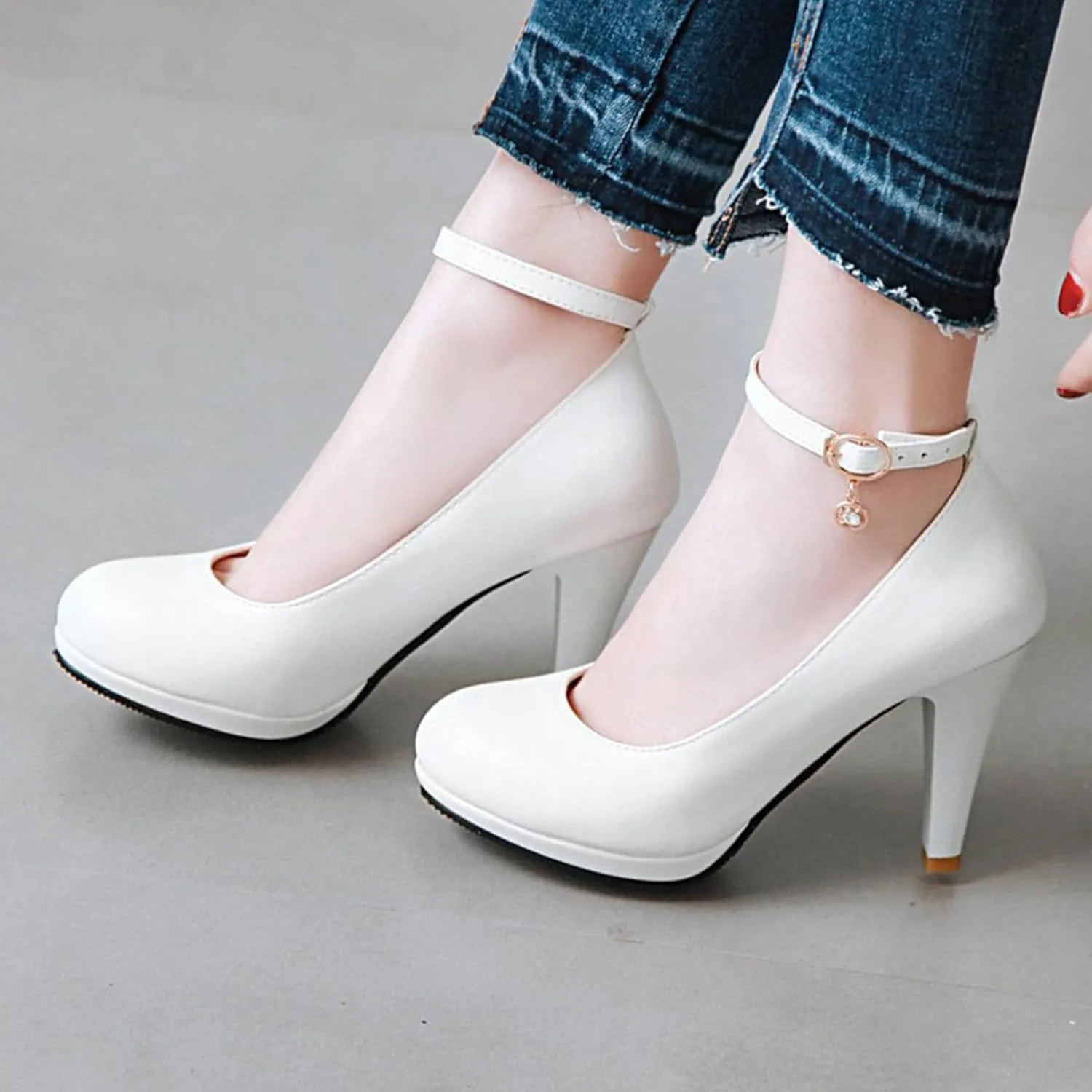 Asterisco Women Cone Heel Pumps with Platform Ankle Strap High Heel Shoes Round Toe Buckle Elegant Bridal Shoes, Size 1-12