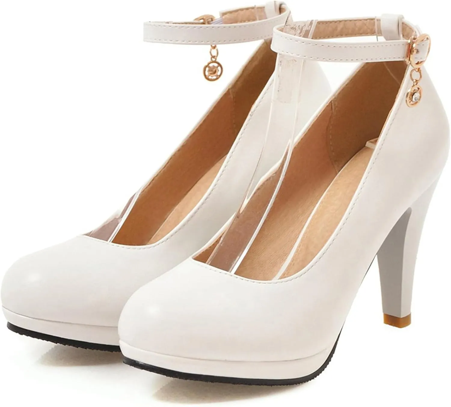 Asterisco Women Cone Heel Pumps with Platform Ankle Strap High Heel Shoes Round Toe Buckle Elegant Bridal Shoes, Size 1-12