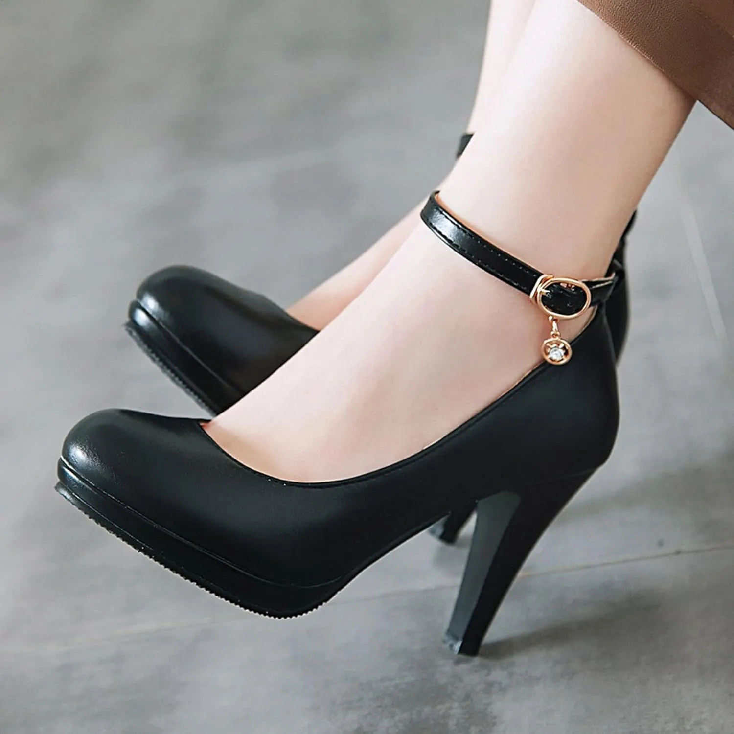 Asterisco Women Cone Heel Pumps with Platform Ankle Strap High Heel Shoes Round Toe Buckle Elegant Bridal Shoes, Size 1-12