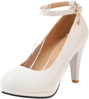 Asterisco Women Cone Heel Pumps with Platform Ankle Strap High Heel Shoes Round Toe Buckle Elegant Bridal Shoes, Size 1-12