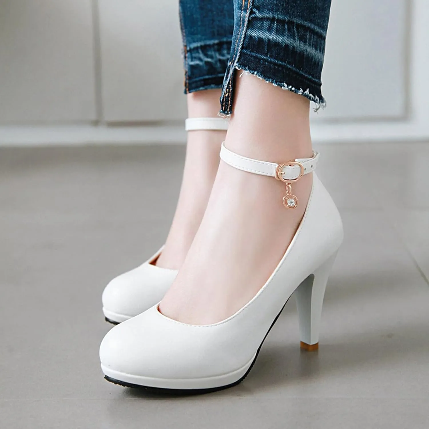 Asterisco Women Cone Heel Pumps with Platform Ankle Strap High Heel Shoes Round Toe Buckle Elegant Bridal Shoes, Size 1-12