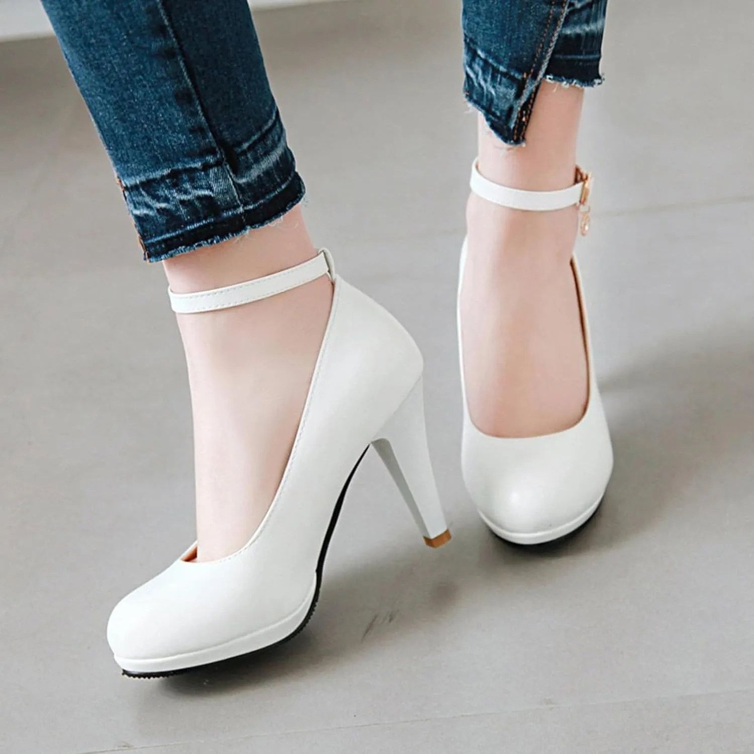 Asterisco Women Cone Heel Pumps with Platform Ankle Strap High Heel Shoes Round Toe Buckle Elegant Bridal Shoes, Size 1-12