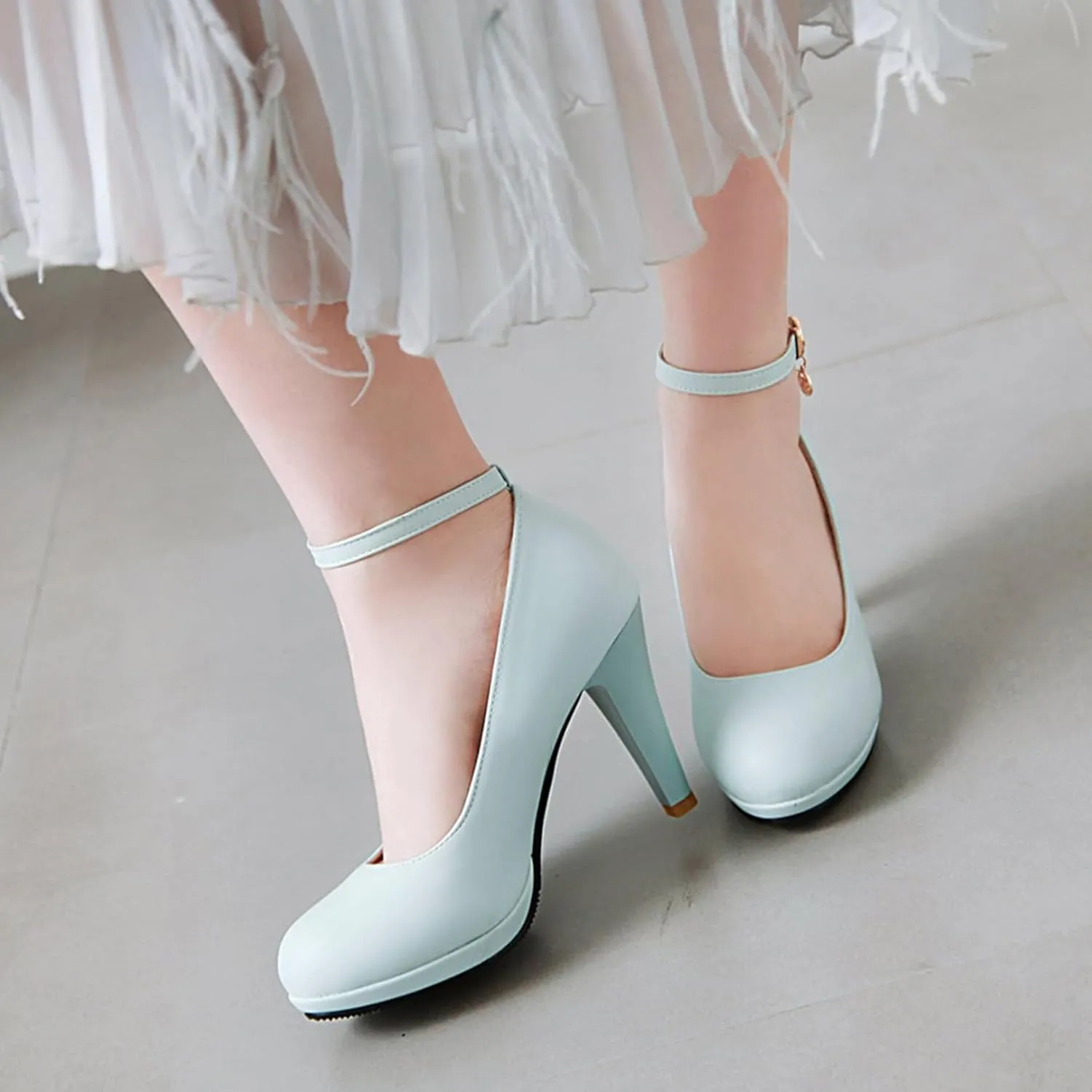 Asterisco Women Cone Heel Pumps with Platform Ankle Strap High Heel Shoes Round Toe Buckle Elegant Bridal Shoes, Size 1-12