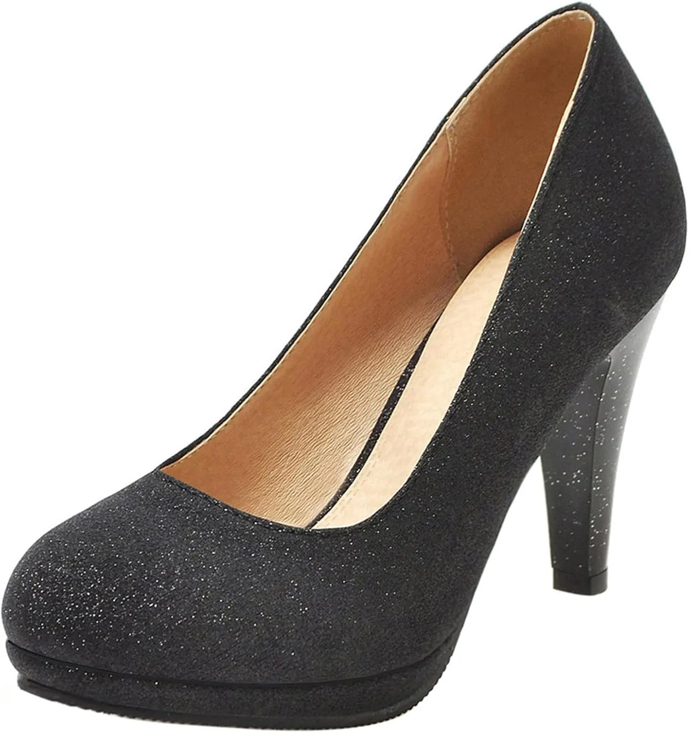 Asterisco Women Cone Heel Pumps with Platform Glitter High Heel Shoes Round Toe Slip On Elegant Glitter Shoes, Size 1-12
