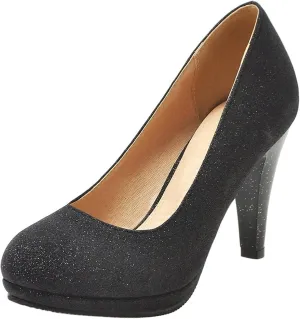 Asterisco Women Cone Heel Pumps with Platform Glitter High Heel Shoes Round Toe Slip On Elegant Glitter Shoes, Size 1-12