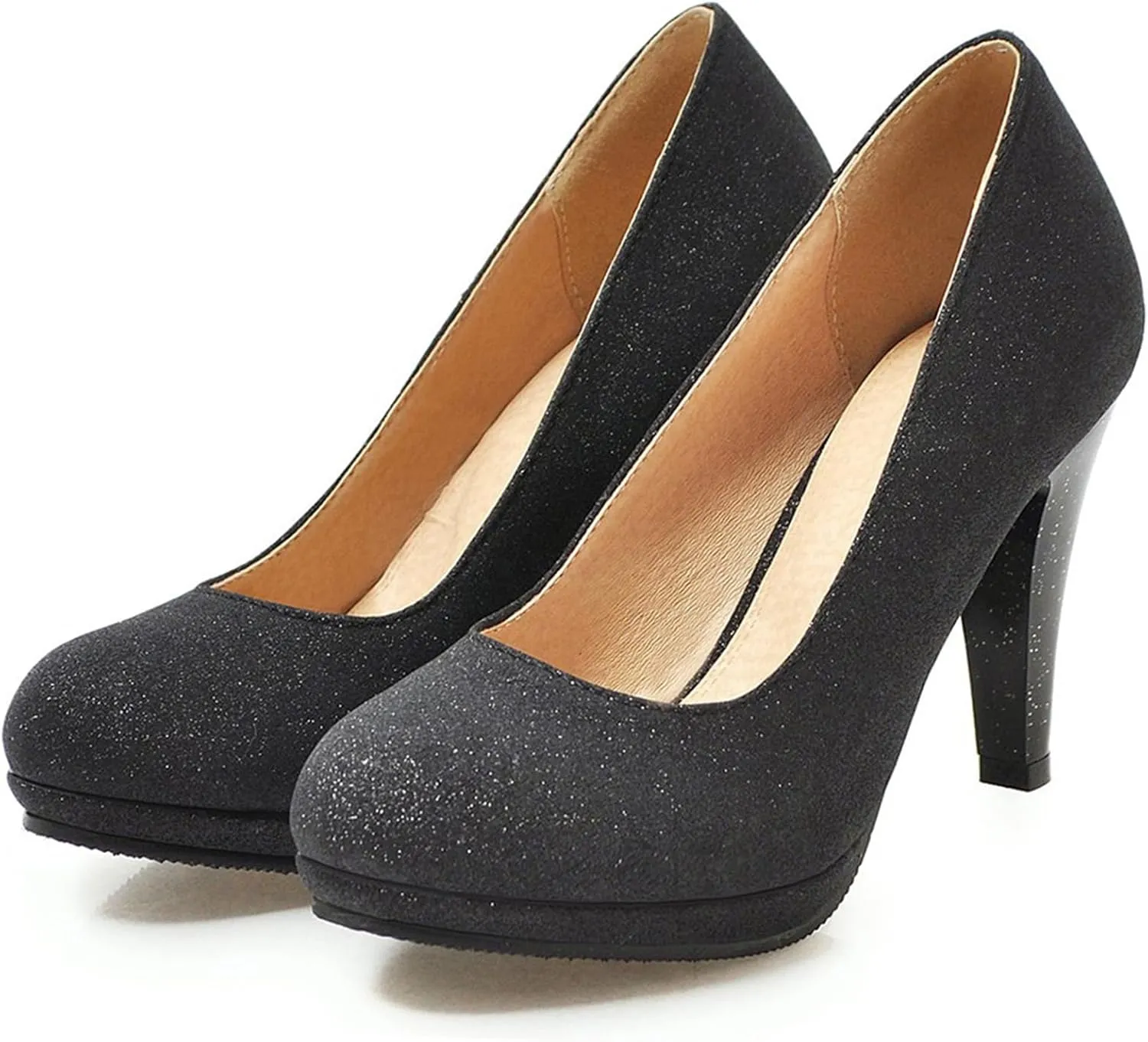 Asterisco Women Cone Heel Pumps with Platform Glitter High Heel Shoes Round Toe Slip On Elegant Glitter Shoes, Size 1-12
