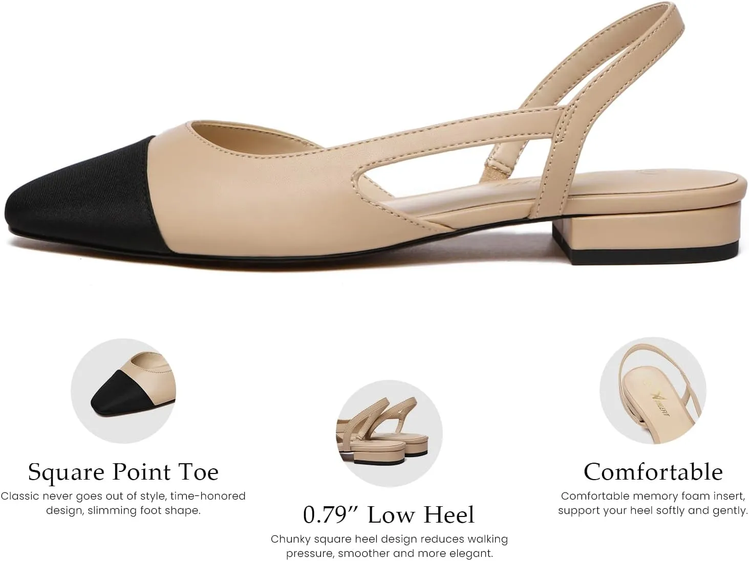 Athlefit Slingback Flats for Women Square Pointed Toe Two Toned Flats Wedding Pumps for Women