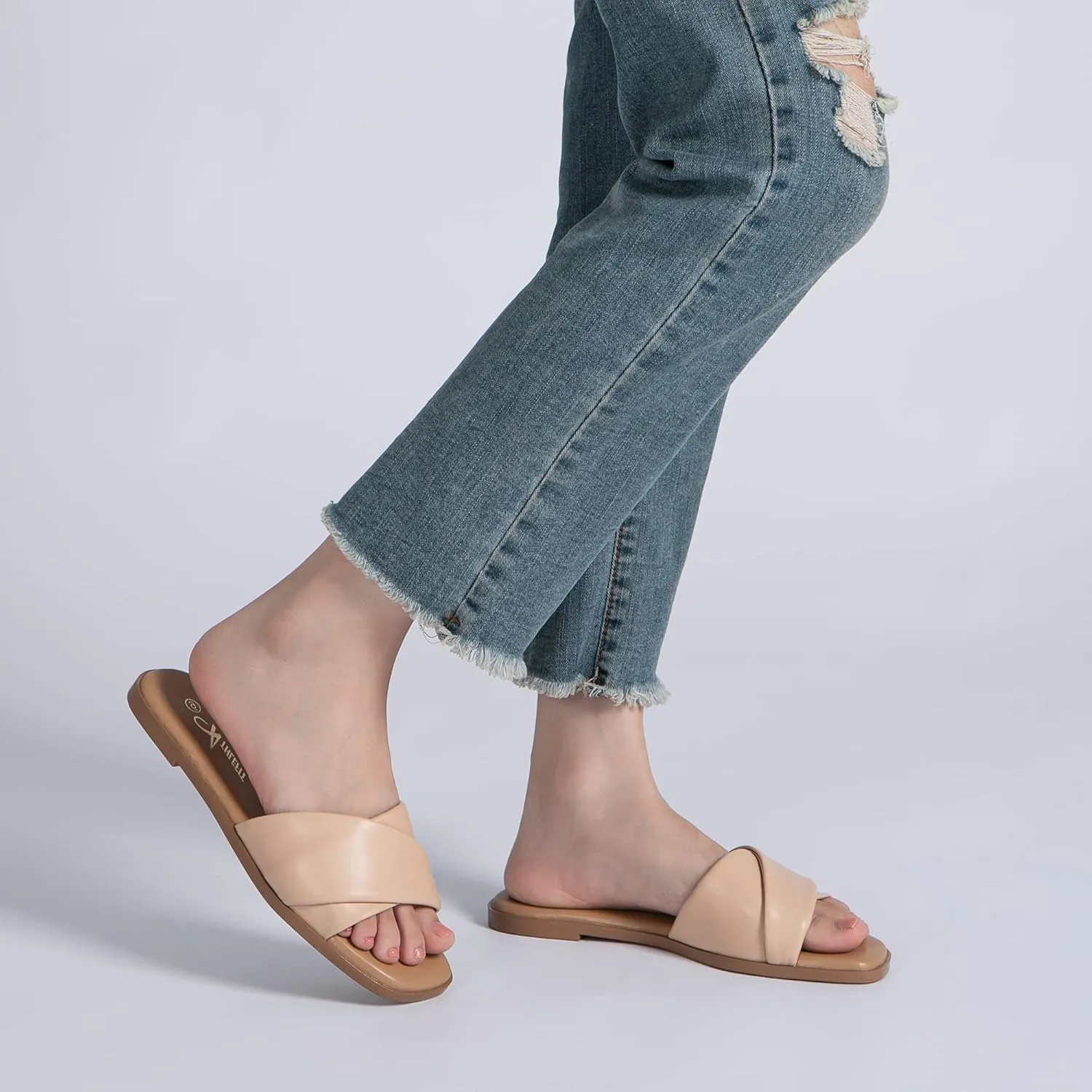 Athlefit Women's Summer Flat Sandals Slip On Square Toe Soft Leather Slide Sandals