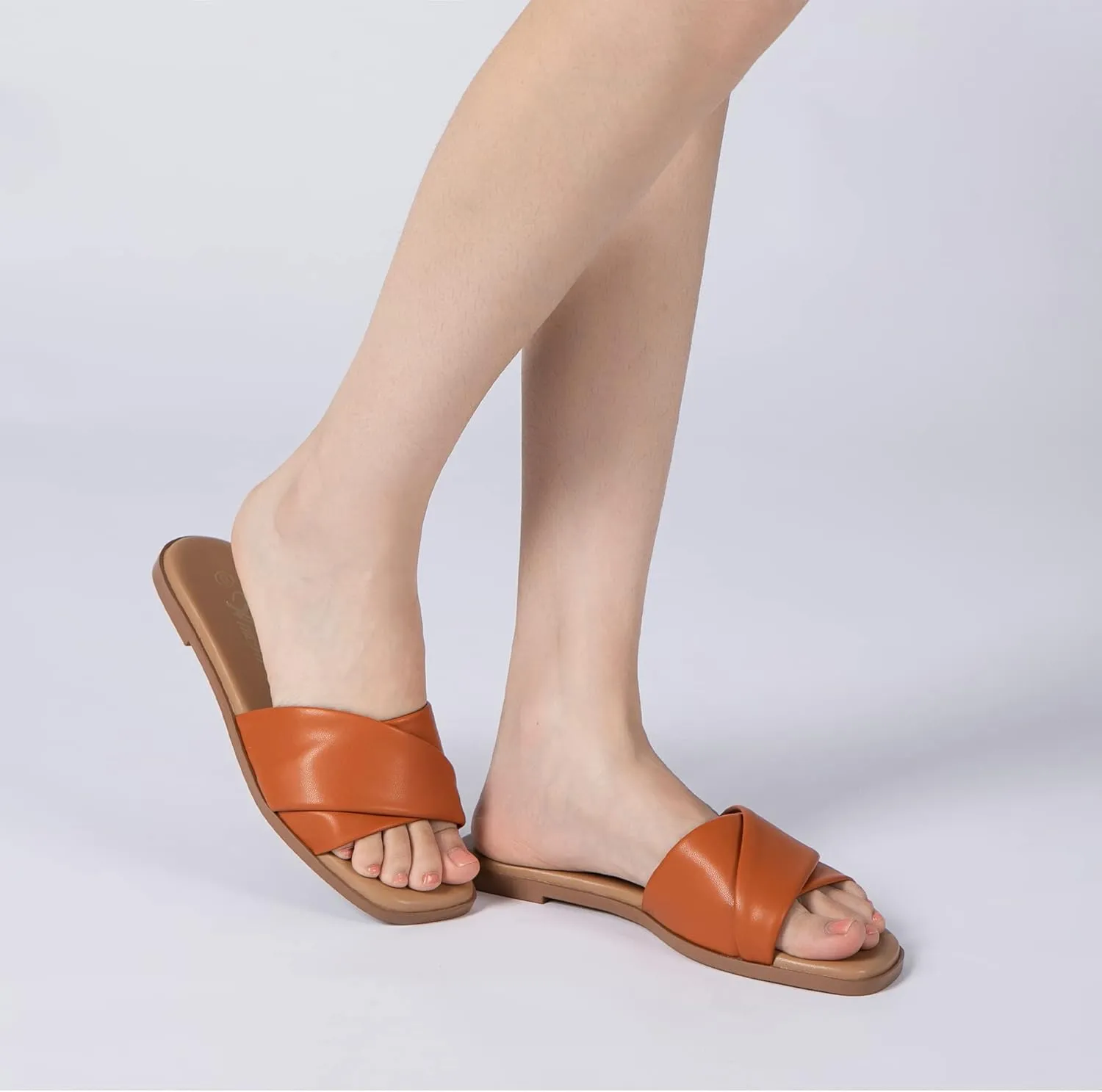 Athlefit Women's Summer Flat Sandals Slip On Square Toe Soft Leather Slide Sandals