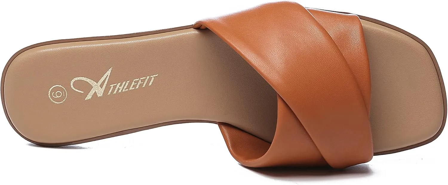 Athlefit Women's Summer Flat Sandals Slip On Square Toe Soft Leather Slide Sandals