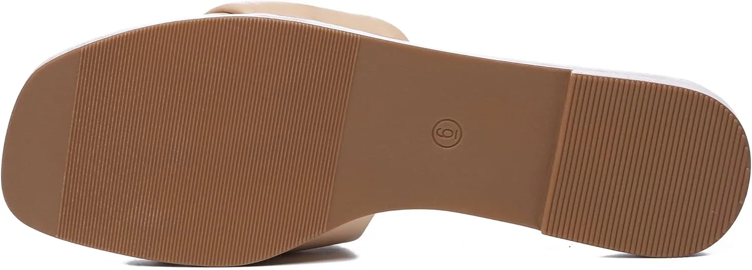 Athlefit Women's Summer Flat Sandals Slip On Square Toe Soft Leather Slide Sandals