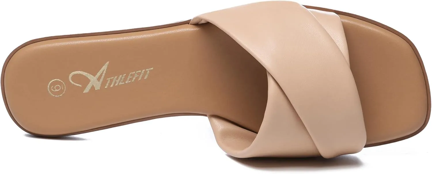 Athlefit Women's Summer Flat Sandals Slip On Square Toe Soft Leather Slide Sandals