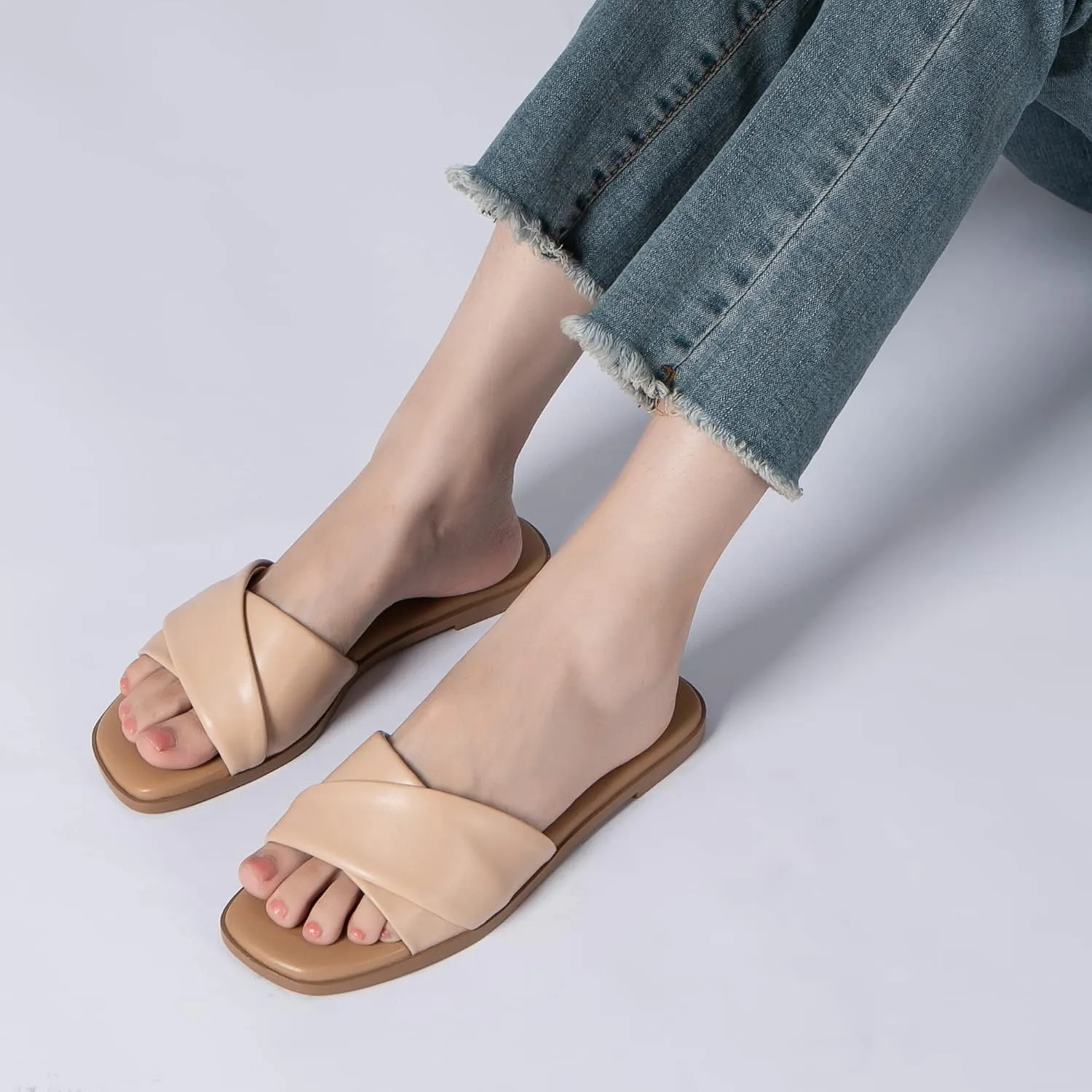 Athlefit Women's Summer Flat Sandals Slip On Square Toe Soft Leather Slide Sandals