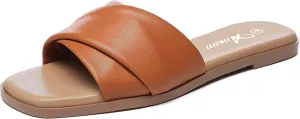 Athlefit Women's Summer Flat Sandals Slip On Square Toe Soft Leather Slide Sandals