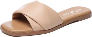 Athlefit Women's Summer Flat Sandals Slip On Square Toe Soft Leather Slide Sandals