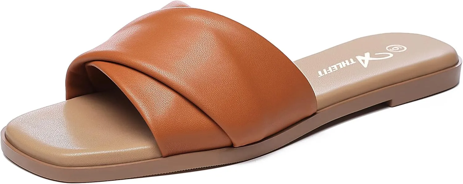 Athlefit Women's Summer Flat Sandals Slip On Square Toe Soft Leather Slide Sandals