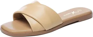 Athlefit Women's Summer Flat Sandals Slip On Square Toe Soft Leather Slide Sandals