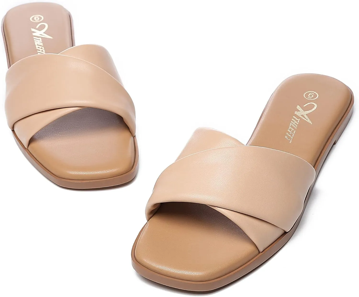 Athlefit Women's Summer Flat Sandals Slip On Square Toe Soft Leather Slide Sandals