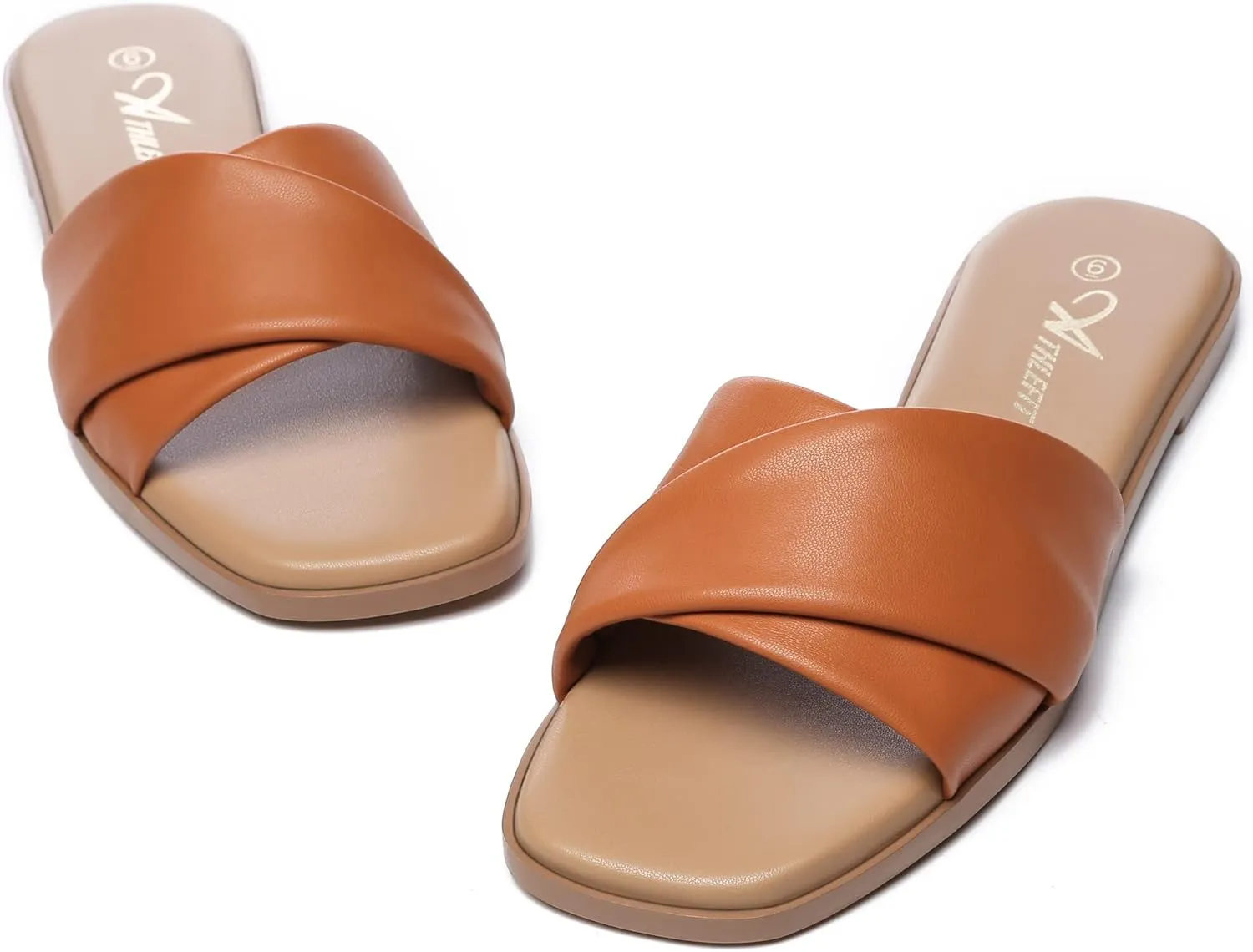 Athlefit Women's Summer Flat Sandals Slip On Square Toe Soft Leather Slide Sandals