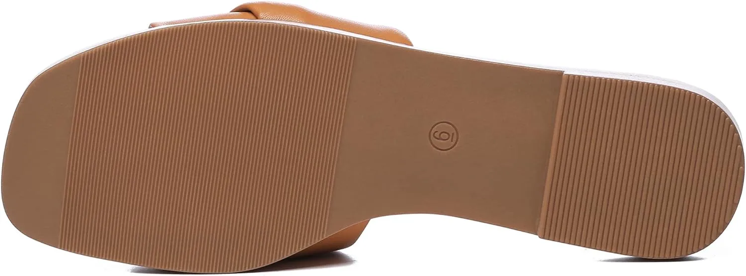 Athlefit Women's Summer Flat Sandals Slip On Square Toe Soft Leather Slide Sandals