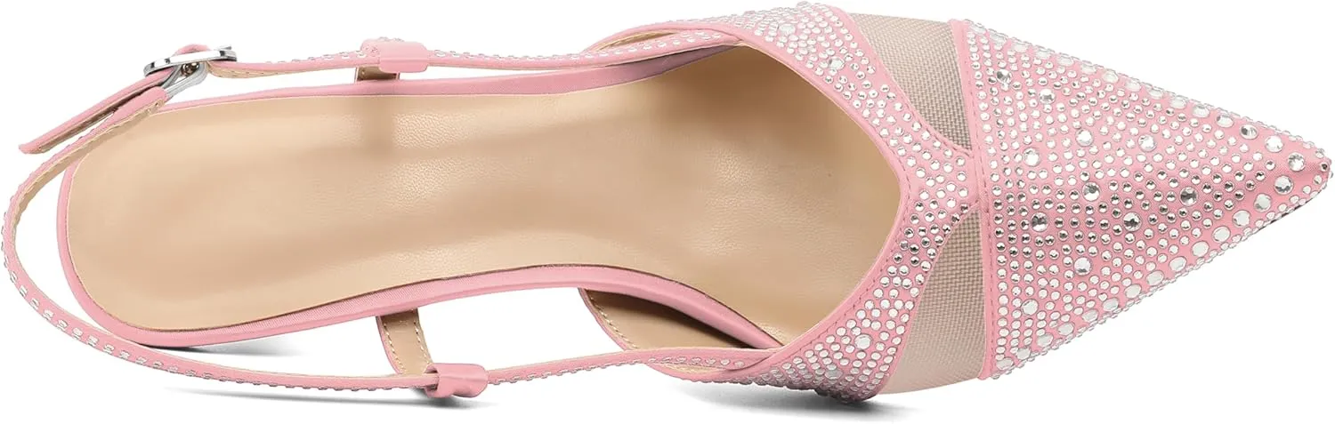 AUMOTED Women Low Heel Pumps Slingback Heels Elegant Pointed Toe 2.5 Inch Heels with Rhinestone Dressy Pumps