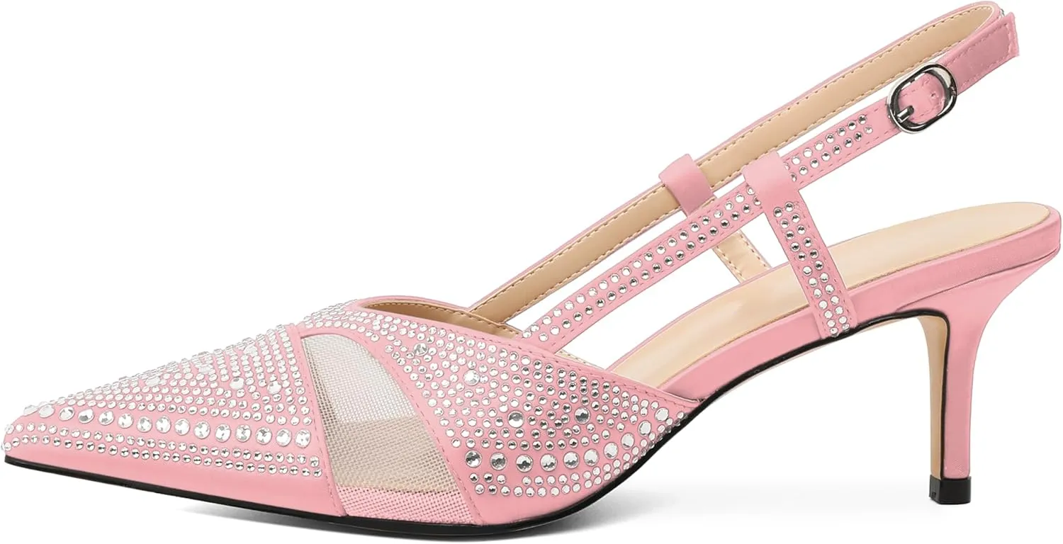AUMOTED Women Low Heel Pumps Slingback Heels Elegant Pointed Toe 2.5 Inch Heels with Rhinestone Dressy Pumps