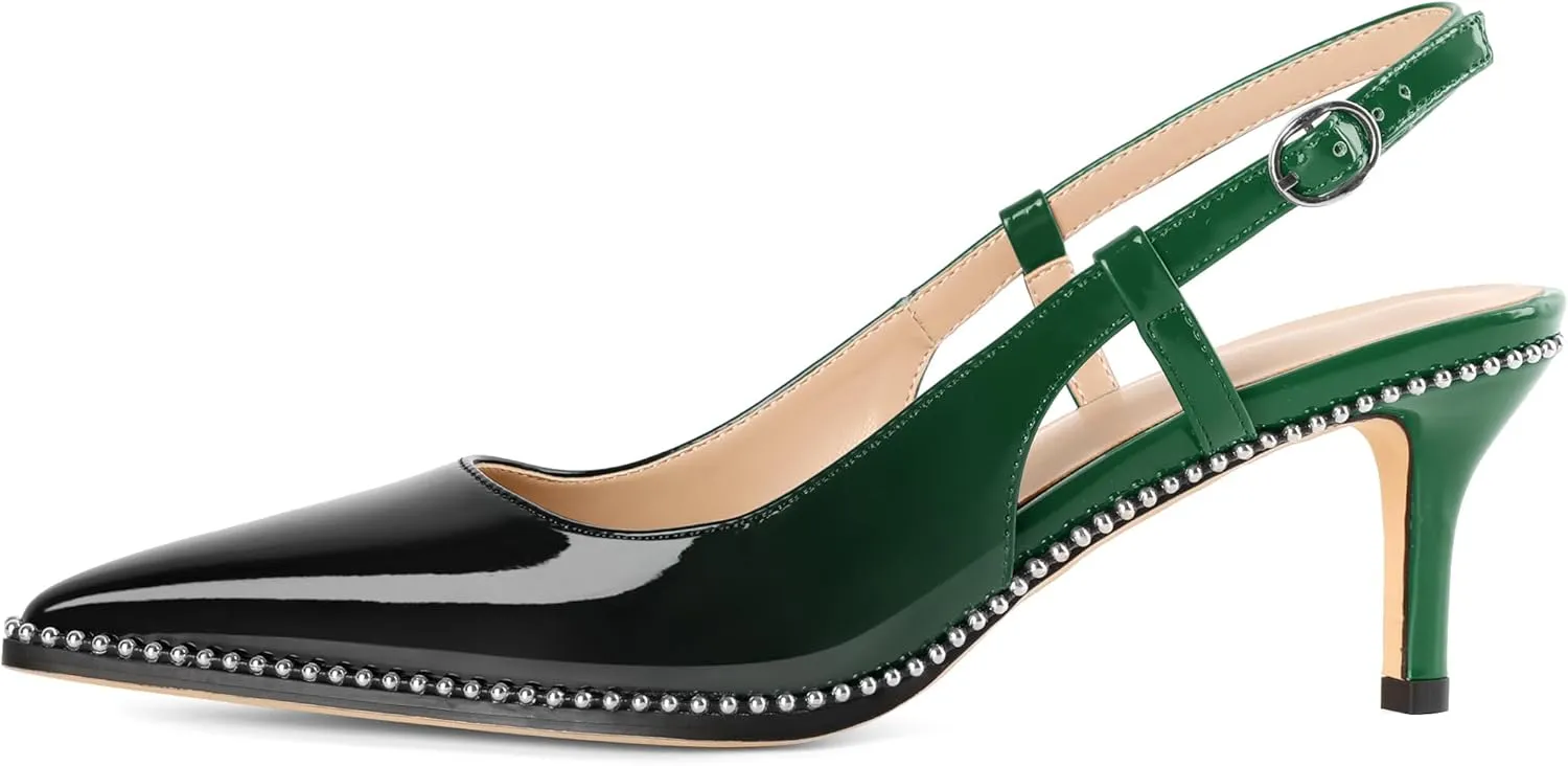 AUMOTED Women Low Heel Pumps Slingback Heels Pointed Toe Beaded Heels 2.5" Elegant Dressy Pumps