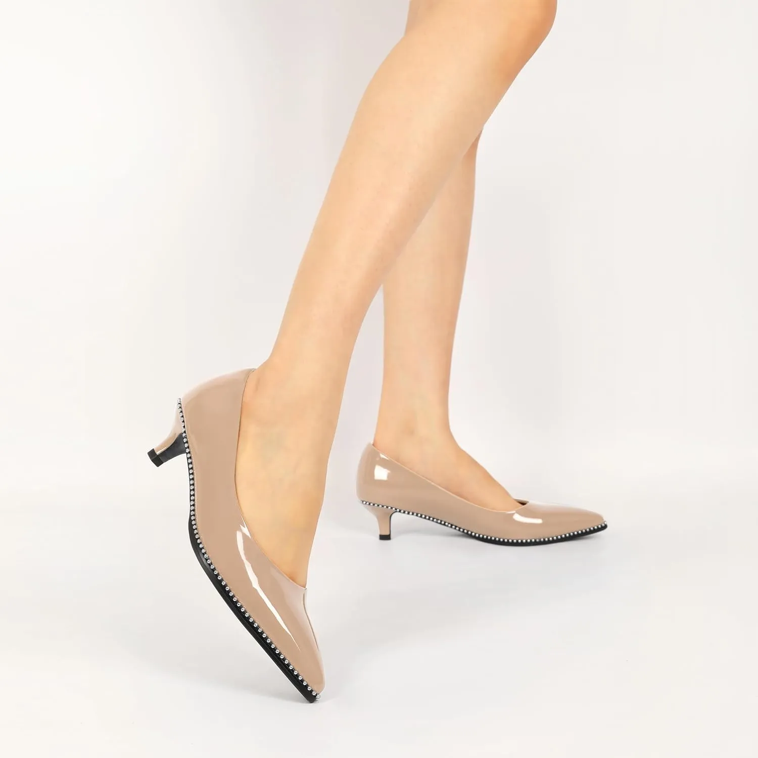 AUMOTED Women's Kitten Heel Pumps Pointy Toe Low Heel Slip-on with Beaded Dress Shoes for Ladies Office Wedding Work Evening 4CM