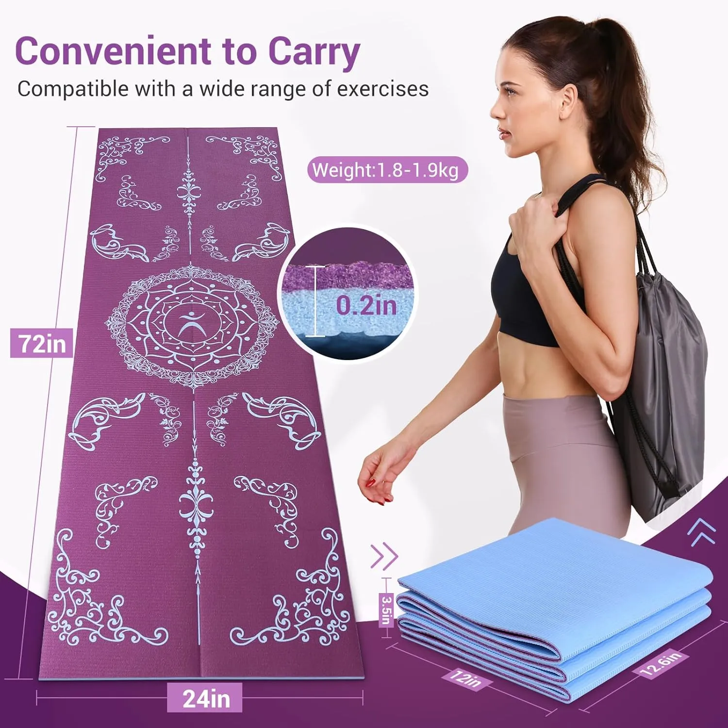 Avoalre Foldable Travel Yoga Mat Print | 5mm &6mm Thick Large Pilates Mat | Non-Slip High Density Floor Exercise Mat for Home Workout | Eco-Friendly Folding Fitness Mat for Women Men with Carrying Bag