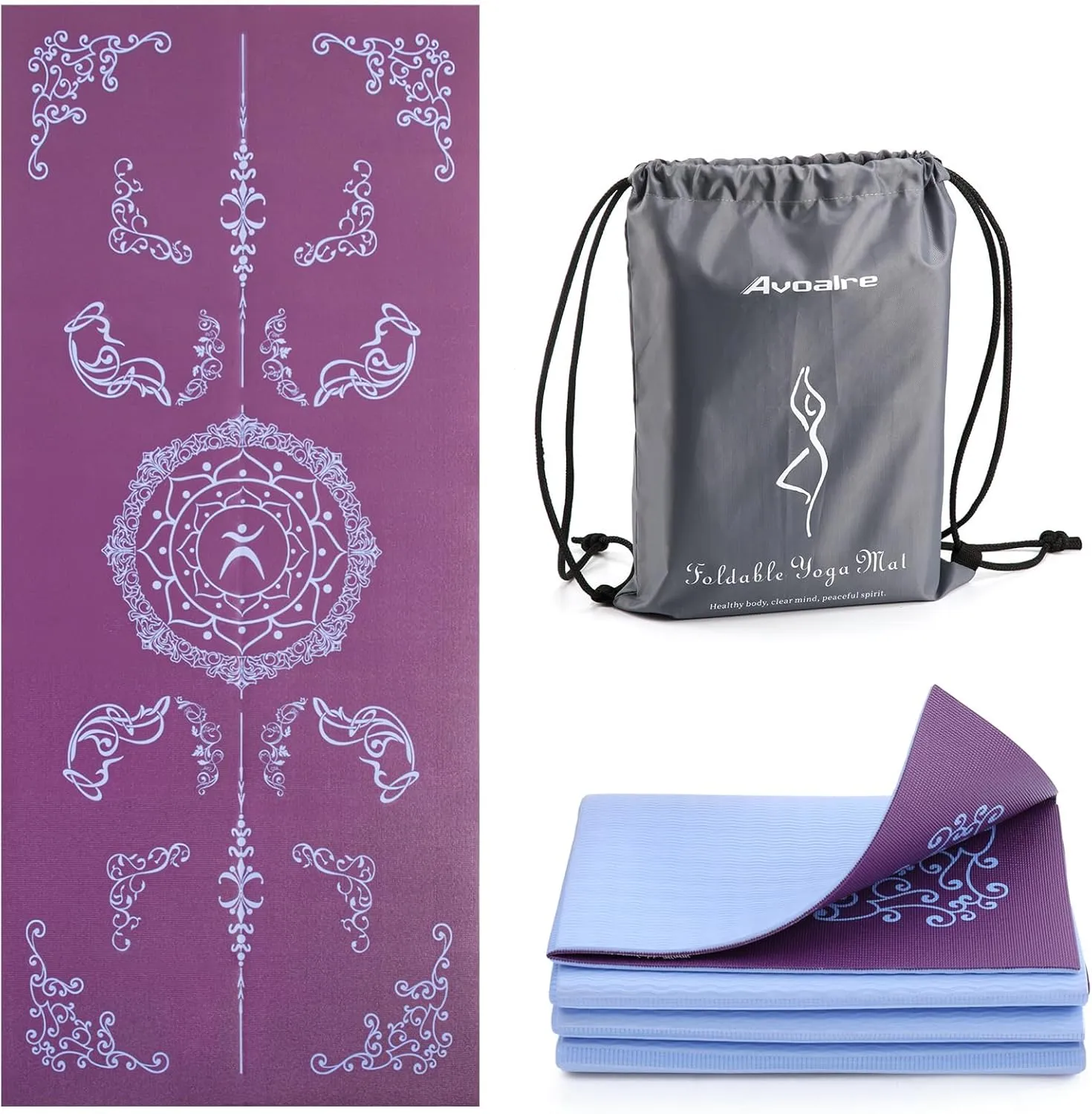 Avoalre Foldable Travel Yoga Mat Print | 5mm &6mm Thick Large Pilates Mat | Non-Slip High Density Floor Exercise Mat for Home Workout | Eco-Friendly Folding Fitness Mat for Women Men with Carrying Bag