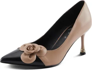 Azura Women's Impression Leather Pumps – Crystal-Accented Stiletto Heel with Floral Appliqué, Elegant Dress Shoes