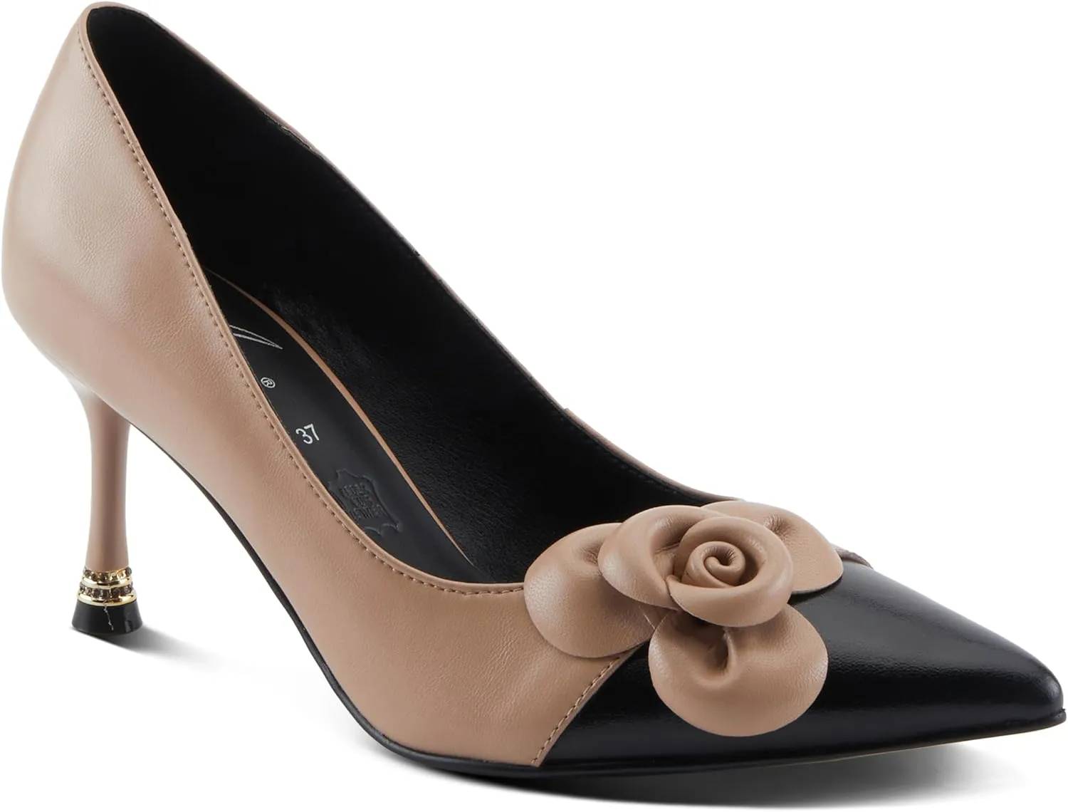 Azura Women's Impression Leather Pumps – Crystal-Accented Stiletto Heel with Floral Appliqué, Elegant Dress Shoes