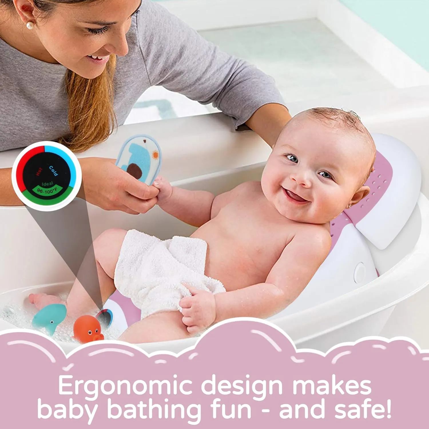 Baby Bath Support | Newborn Bathtub,Ergonomically Designed with Thermometer Collapsible Baby Bathtub Baby Bather, Baby tubs for Baby tubs for Newborn Essentials Must Haves (Pink)